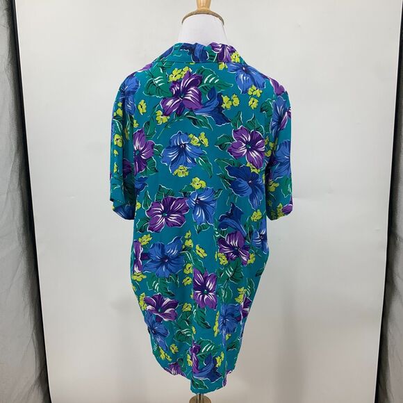 Jones New York Hawaiian Shirt Womens 12 Teal Floral Rayon Short Sleeve Button Up - Picture 7 of 13